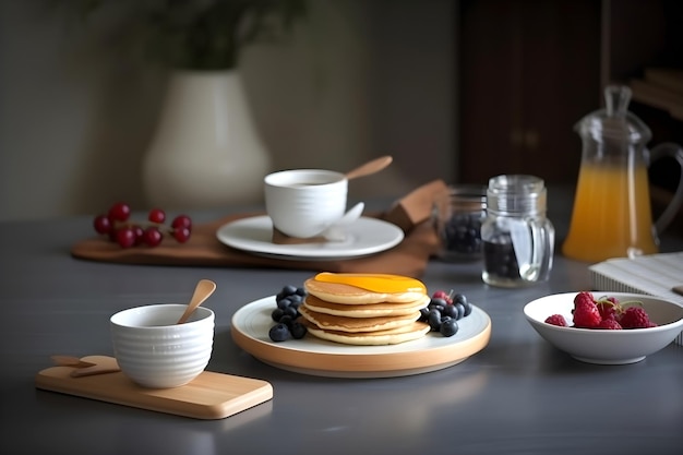 Colazione tradizionale con frittelle miele e frutti di bosco IA generativa