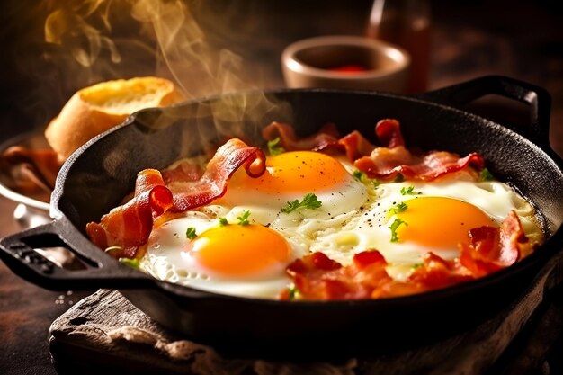 Colazione tradizionale con uova al bacon e patatine fritte fatte in casa in padella