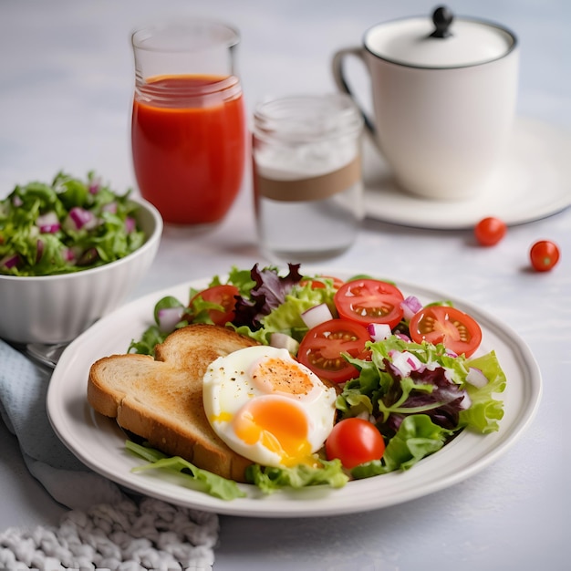 Colazione tradizionale con uova fritte toast e insalata sul piatto AI generato