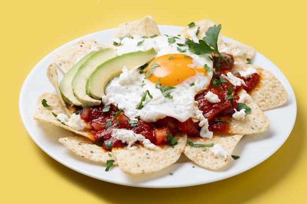 Colazione tradizionale messicana chilaquiles rossi con uova su sfondo giallo