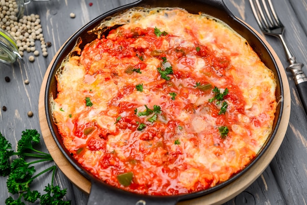 Colazione turca: frittata con verdure in padella primo piano.