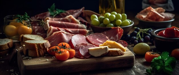 Colazione turca tradizionale pastirma a fette verdure fresche formaggio e frutta primo piano Utile cibo sano con dieta tradizionale generata AI