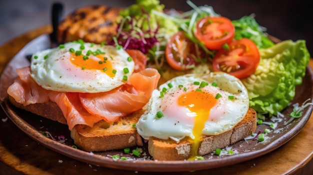 Colazione Uova fritte pancetta ricotta toast con salmone su un piatto