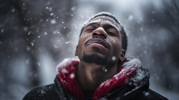 Cold Beauty CloseUp di un giovane uomo nero in abbigliamento invernale, fiocchi di neve che adornano il suo viso