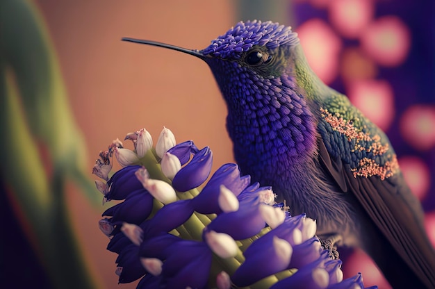 Colibrì carino viola che si alimenta da un fiore di giacinto