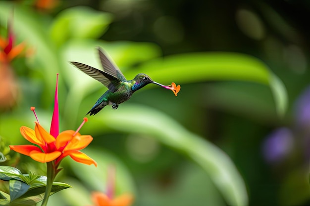 Colibrì che si libra sopra il giardino tropicale le sue ali una sfocatura di movimento creata con l'IA generativa