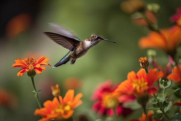 Colibrì che si libra sopra un giardino fiorito creato con l'IA generativa