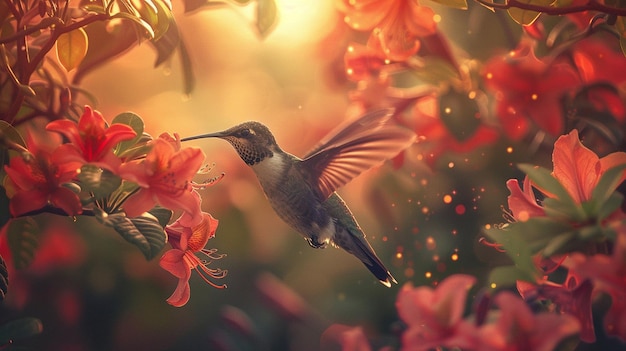 colibrì che vola al tramonto con fiori e un uccello che vola
