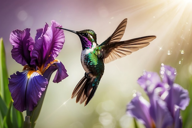 colibrì che vola in un habitat naturale di boschi tropicali fiore rosso verde orecchio viola