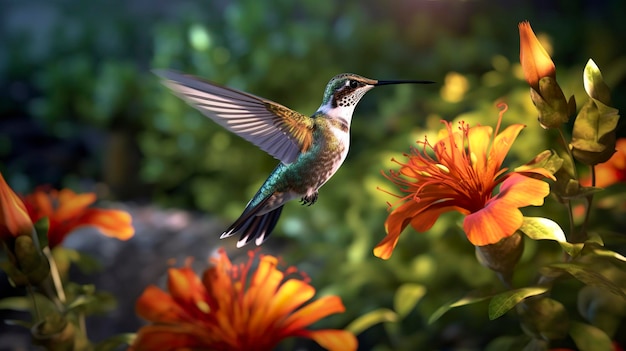 Colibrì che vola per raccogliere il nettare da un bellissimo fiore Grafica digitale AI Generativa