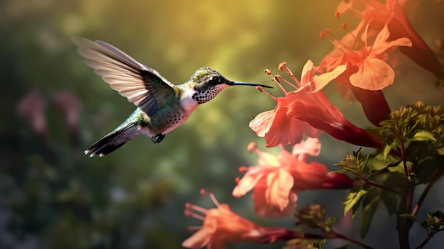 Colibrì che vola per raccogliere il nettare da un bellissimo fiore Grafica digitale AI Generativa