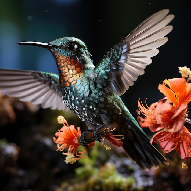 Colibrì colorato nel baldacchino della foresta pluviale