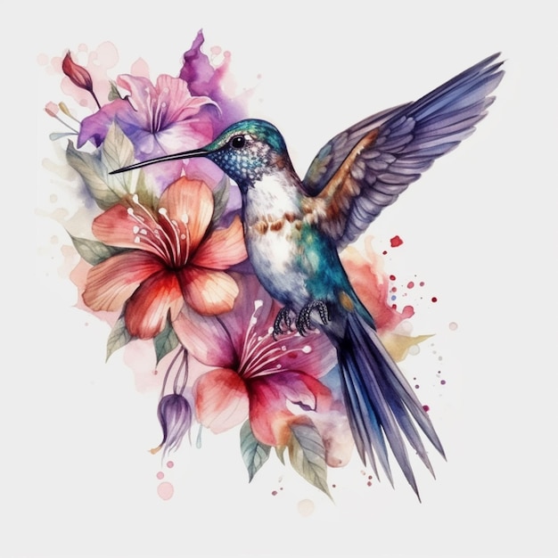 Colibrì con fiori e spruzzi di acquerello su sfondo bianco