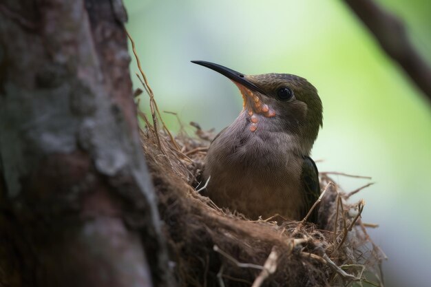 Colibrì con il becco aperto che nutre i piccoli creati con l'IA generativa