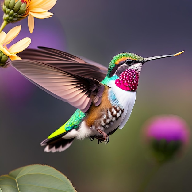 Colibrì in volo da vicino vicino a un fiore