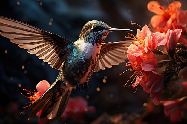 Colibrì nel Radiant Garden accanto all'IA generativa di fiori esotici