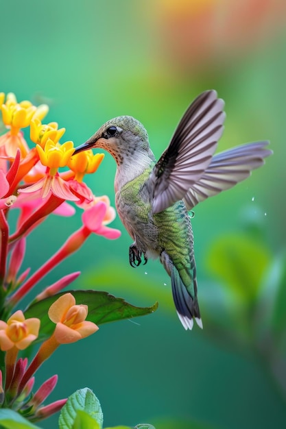 Colibrì verde iridescente che immerge il becco in fiore con le ali sfocate