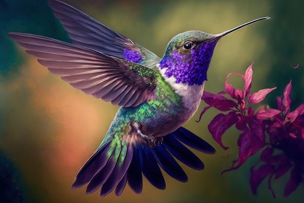 Colibrì volante di Anna con un fiore viola