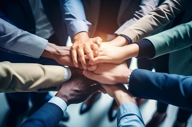 collaborative unity top view of business teamwork joining hands together generative ai