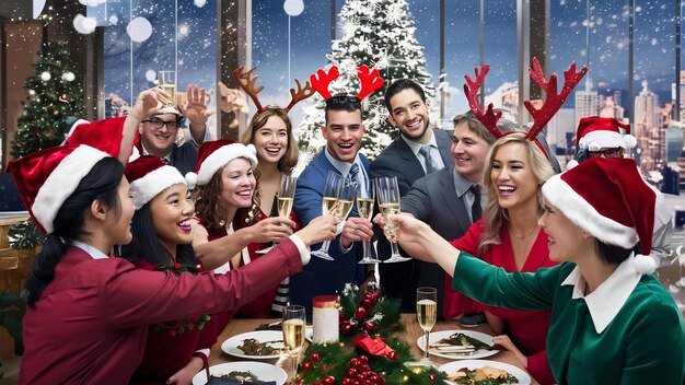 Collaboratori felici con lo champagne che festeggiano il Natale