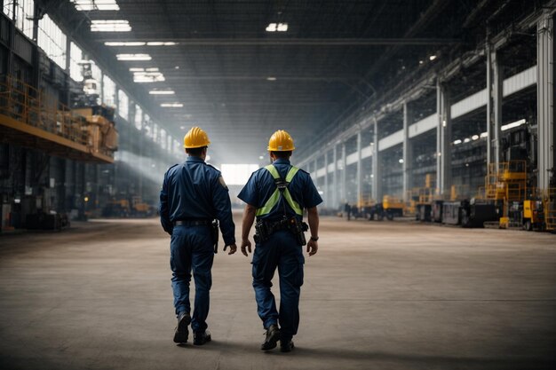 Collaboratori maschi adulti nella sala industriale che indossano caschi e abbigliamento di lavoro protettivo