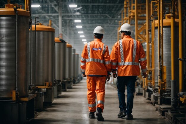 Collaboratori maschi adulti nella sala industriale che indossano caschi e abbigliamento di lavoro protettivo