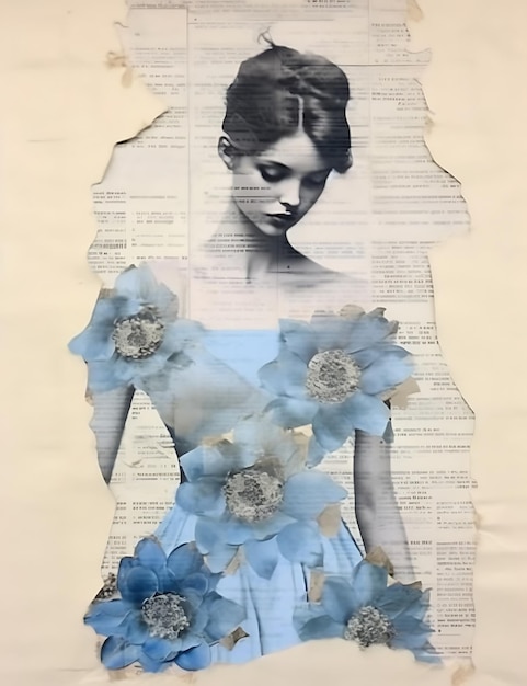 Collage Art Acquerel Baby Blue Florla Stampa su carta vintage su pagina di giornale vintage di Ivor