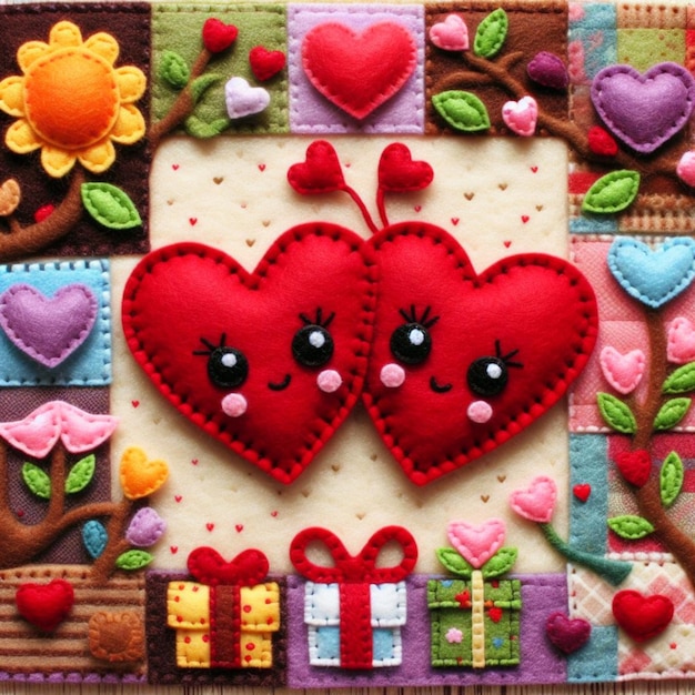 collage arte digitale molti elementi a forma di cuore e simbolo d'amore sfondo felt art valentine amore