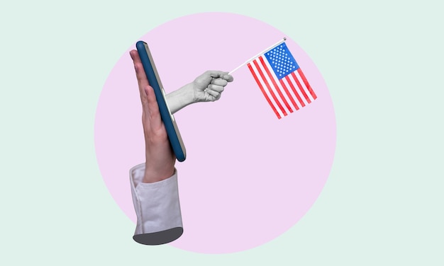 Collage artistico la mano di una donna esce da un telefono con una bandiera americana su uno sfondo chiaro