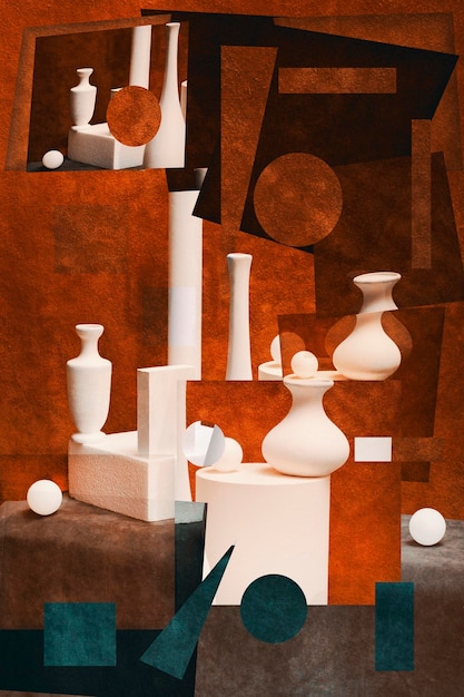 Collage astratto con vasi bianchi e figure bianche