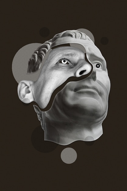 Collage con dettagli cupi viso maschile e testa di statua in un surreale stile pop art. Immagine creativa moderna con volto di uomo severo e testa di statua. Cultura zina. Manifesto di arte contemporanea. Minimalismo funky.