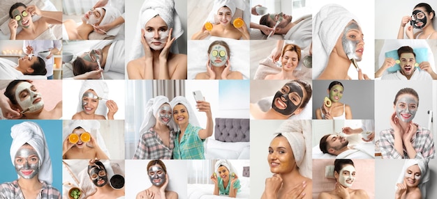 Collage con foto di persone con maschere detergenti e idratanti sui volti Banner design
