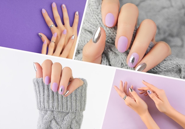 Collage con le mani della donna con un trattamento di bellezza per unghie color lavanda opaco e argento