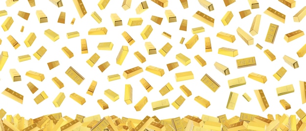 Collage con molti lingotti d'oro che cadono su sfondo bianco