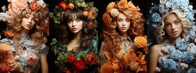 Collage con ritratti di giovani donne vestite in quattro stagioni: primavera estate autunno e inverno