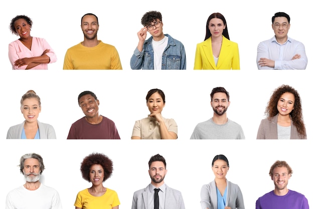Collage con ritratti di persone diverse isolate su bianco