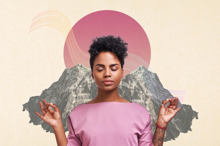 Foto collage consapevole giovane donna pacifica che pratica esercizi di respirazione yoga sullo sfondo delle cime delle montagne