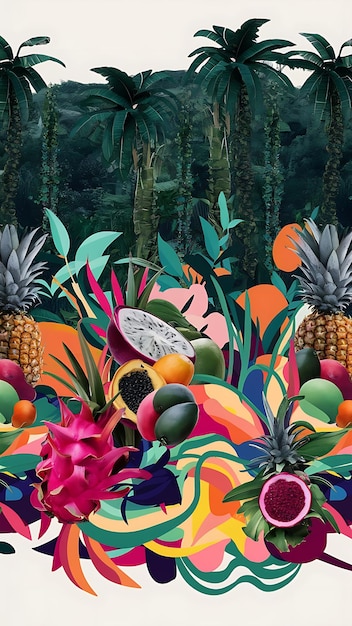 Collage contemporaneo florale disegno senza cuciture frutta e piante della giungla illustrazione carta da parati