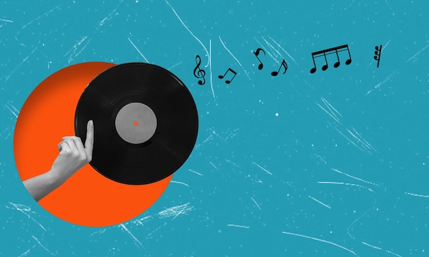 Collage d'arte che raffigura una mano che tiene un disco in vinile partitura in vinile Musica e concetto di festa retro