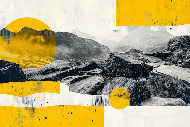 Collage d'arte contemporanea con tema di paesaggio montuoso