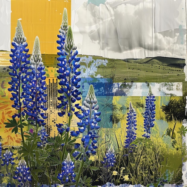 Collage d'arte contemporanea di Texas Bluebonnets e fiori selvatici