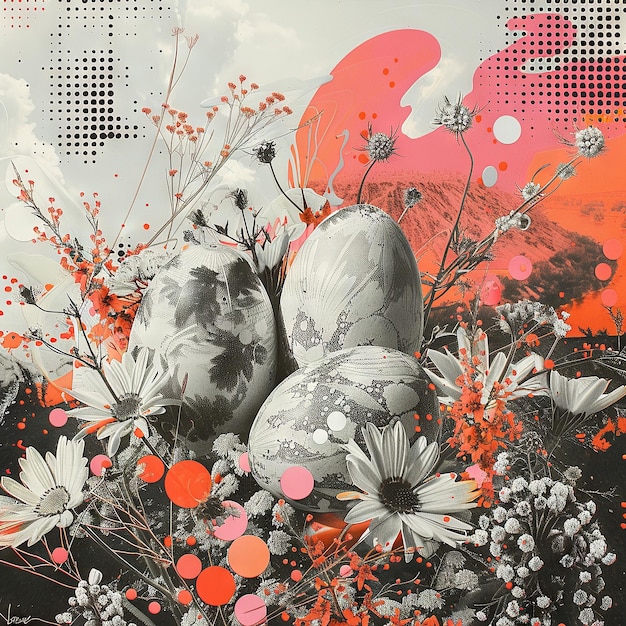 Collage d'arte contemporanea di uova di Pasqua e fiori di primavera