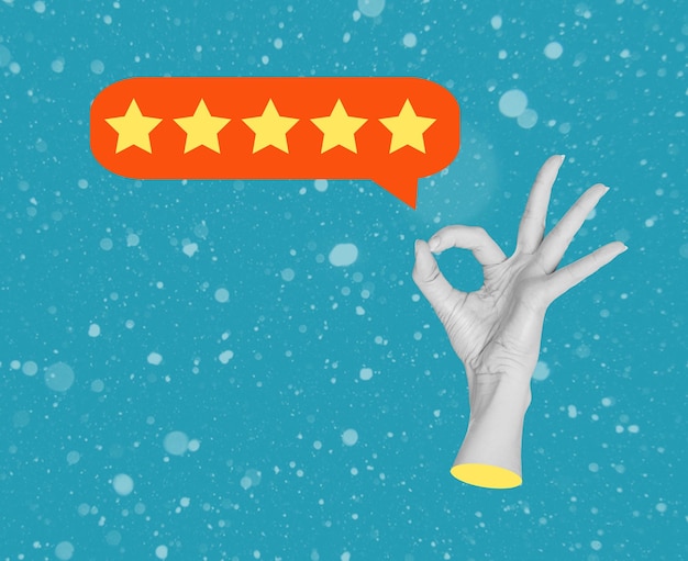 Collage d'arte contemporanea raffigurante una mano umana che mostra un gesto di ok Una performance a cinque stelle