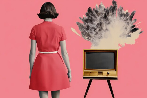 Collage d'arte moderna di una donna di fronte a una TV che esplode