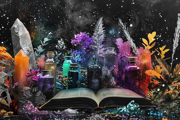 Collage d'arte moderna Magia di Halloween con libro di incantesimi e pozioni