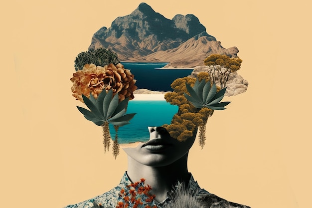 Collage di arte astratta con ritratto femminile e montagne