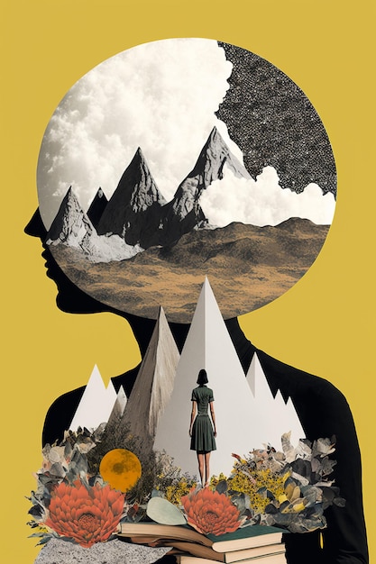 Collage di arte astratta con ritratto femminile e montagne