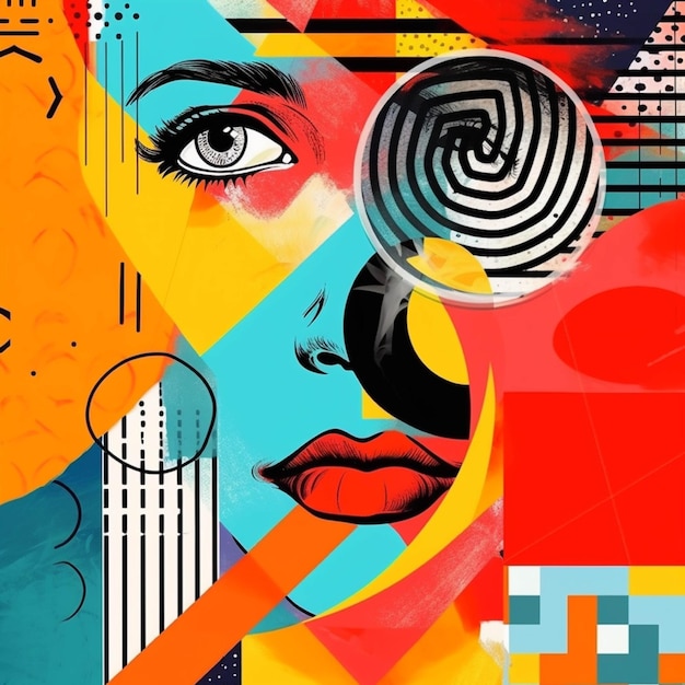 Collage di arte moderna Faccia di donna astratta su sfondo geometrico colorato