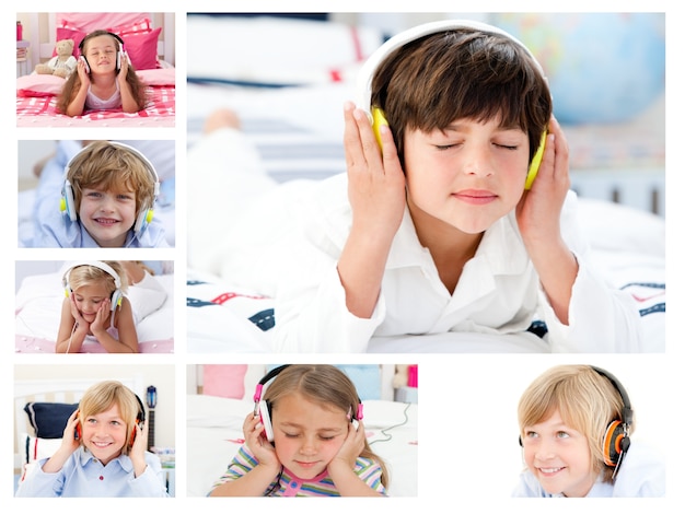 Collage di bambini che ascoltano musica