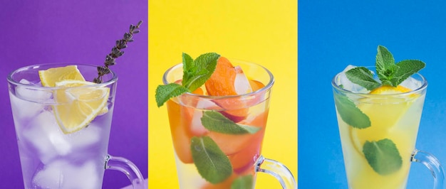 Collage di bevanda estiva Acqua infusa con limone albicocca e arancia nei bicchieri sullo sfondo colorato Primo piano